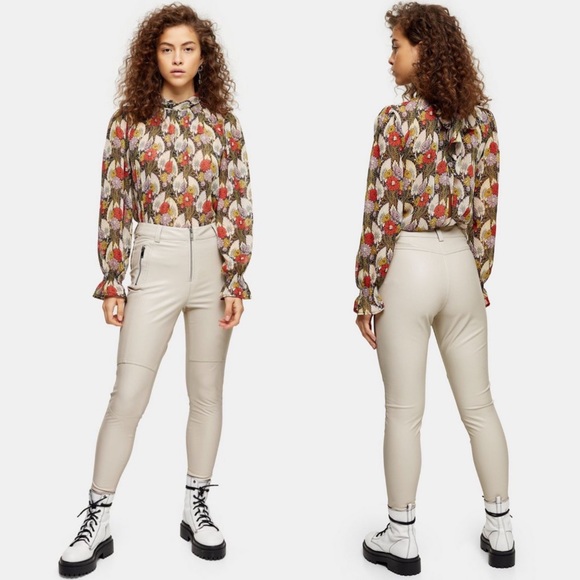 Topshop PETITE Pants - Topshop PETITE Ecru Biker PU Trousers